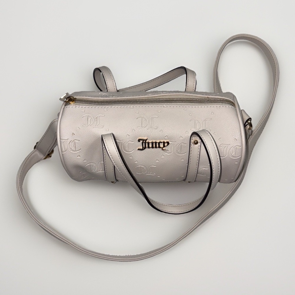 Juicy Couture Monogram Embossed White Faux Leather Mini Barrel Crossbody Bag